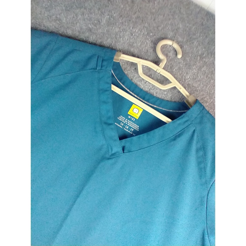 WonderWink W123 Womens Scrub Top Teal Blue V-Neck Plus Size 1X 6155